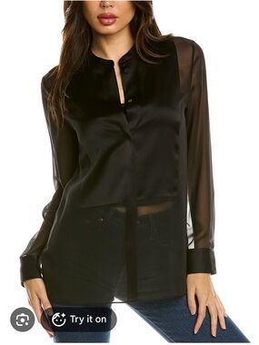 Theory Black Sheer Satin-Front Blouse